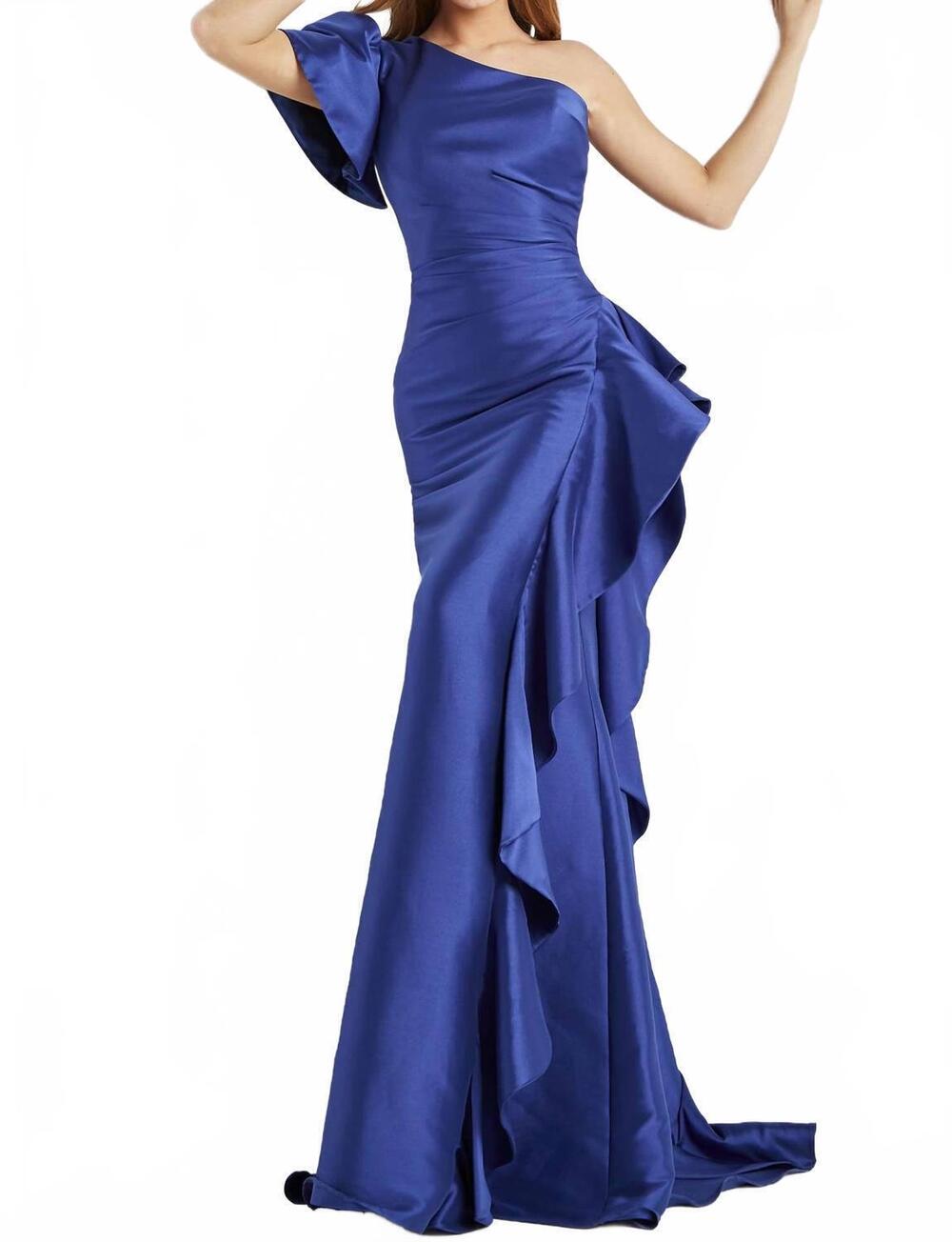 NEW JOVANI asymmetric one-shoulder dress in navy